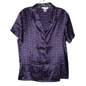 Morgan Taylor Satin Pajama Set M Short Sleeve Collared Button Up Purple Blue